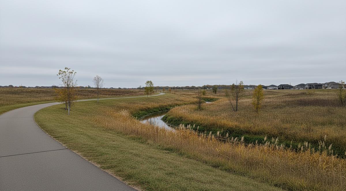 A paved trail curving past a small creek through tall autumn prairie grass and young trees, new houses on the horizon under an overcast sky