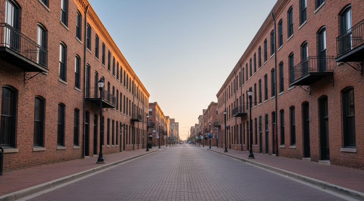 An empty brick-paved street between long red brick warehouse buildings with iron balconies and black lamp posts, under a pale sky