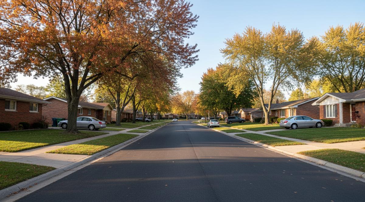 A curving suburban street of brick-front ranch houses with wide lawns and tall maples in autumn color, late afternoon