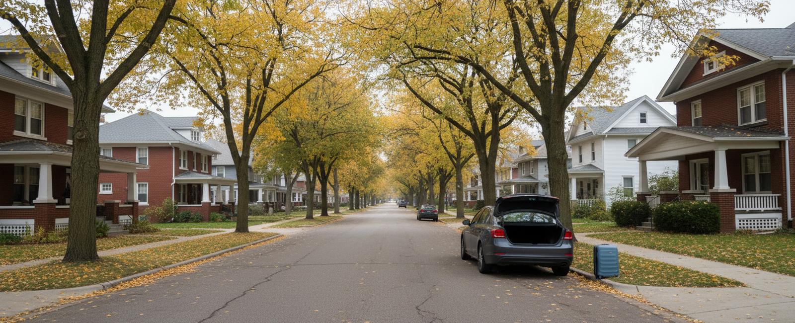 A tree-lined street of brick and frame houses with deep porches in autumn, a gray sedan at the curb with its trunk open and a blue hard-shell suitcase standing on the grass beside it