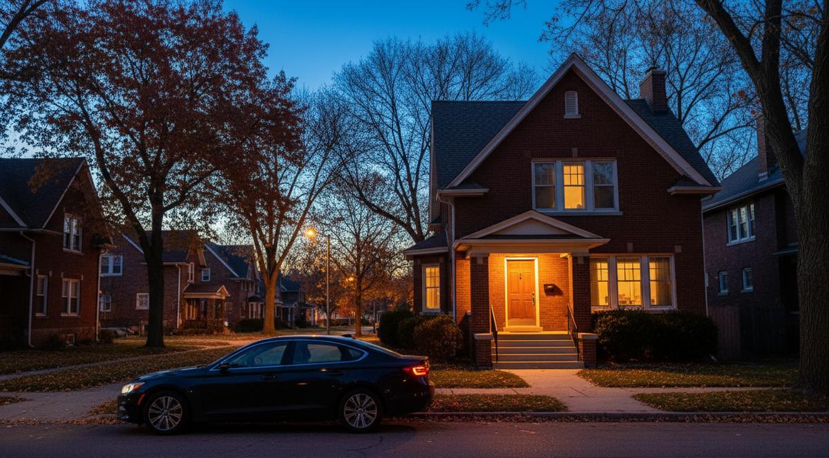 A brick two-story house at dusk with its porch light and windows lit, a dark sedan stopped at the curb in front and autumn trees along the street