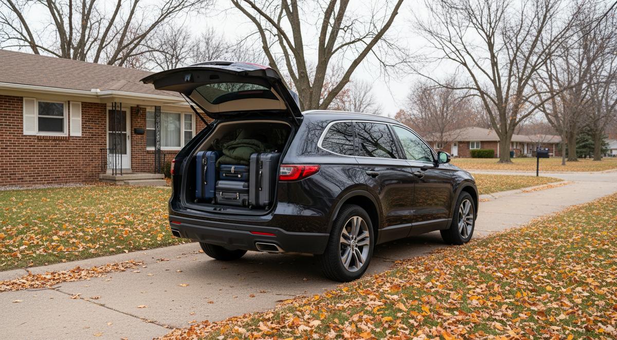 A dark SUV on a driveway in late fall with its tailgate open, the cargo area packed with hard-shell suitcases and a folded green coat, brick ranch houses and lawns covered in fallen orange leaves