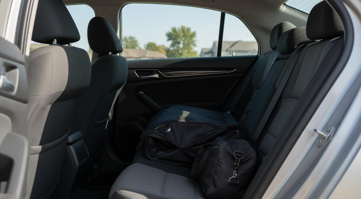 The back seat of a car seen through its open rear door, a folded garment bag and a black duffel on the seat, houses and trees outside the window