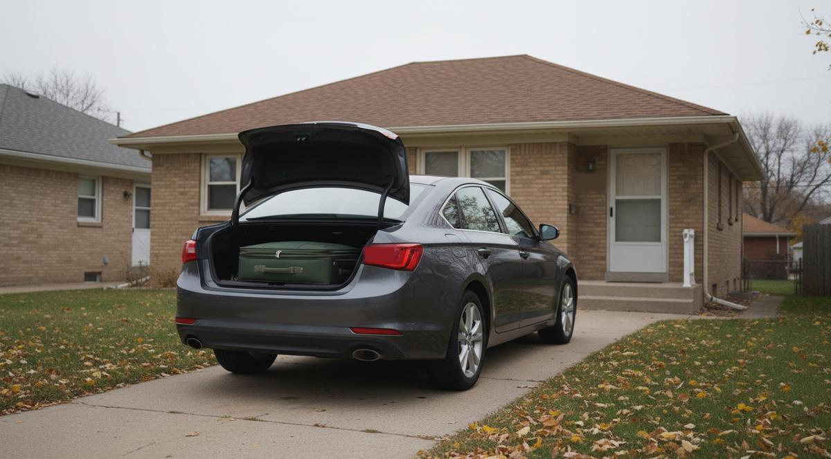 A gray sedan with its trunk open in the driveway of a tan brick ranch house, one green suitcase loaded inside, fallen leaves on the lawn under an overcast sky