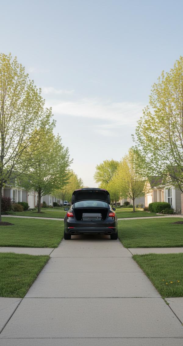 A black sedan with its trunk open and a gray suitcase inside, standing on a paved walk between two rows of suburban houses with spring trees