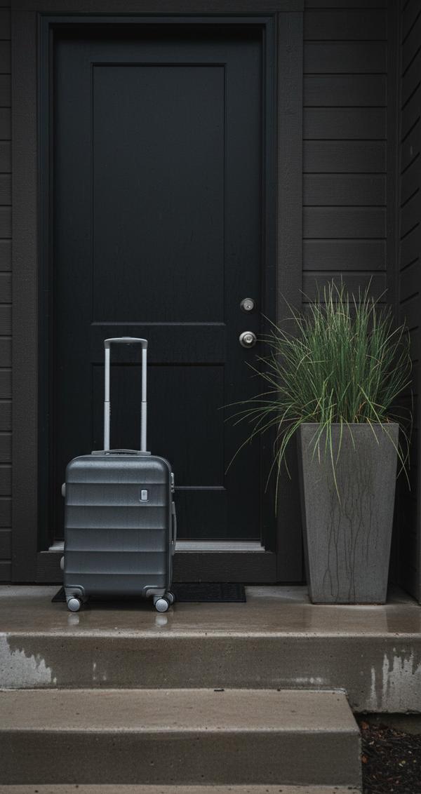 A gray carry-on with its handle raised on the damp concrete step of a townhouse, beside a black front door and a planter of tall grass